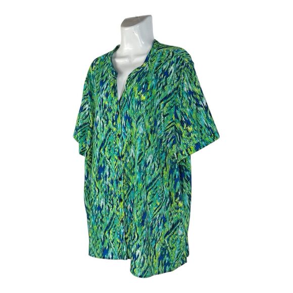 Catherines Top 3X 26/28W Blue Green Abstract Ikat Button Down Short Sleeve Shirt - Picture 3 of 8